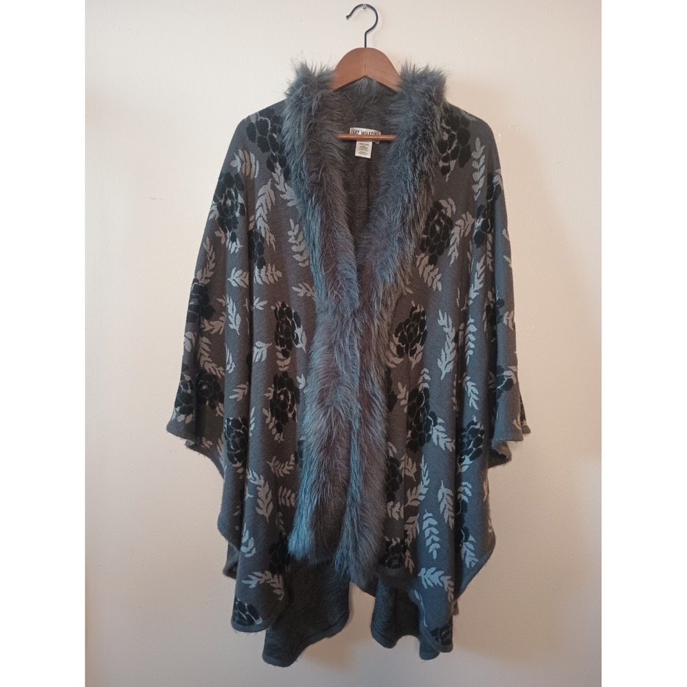 Say What? Dark Floral Jacquard Knit Poncho Cape With Faux Fur Trim OS Whimsygoth
